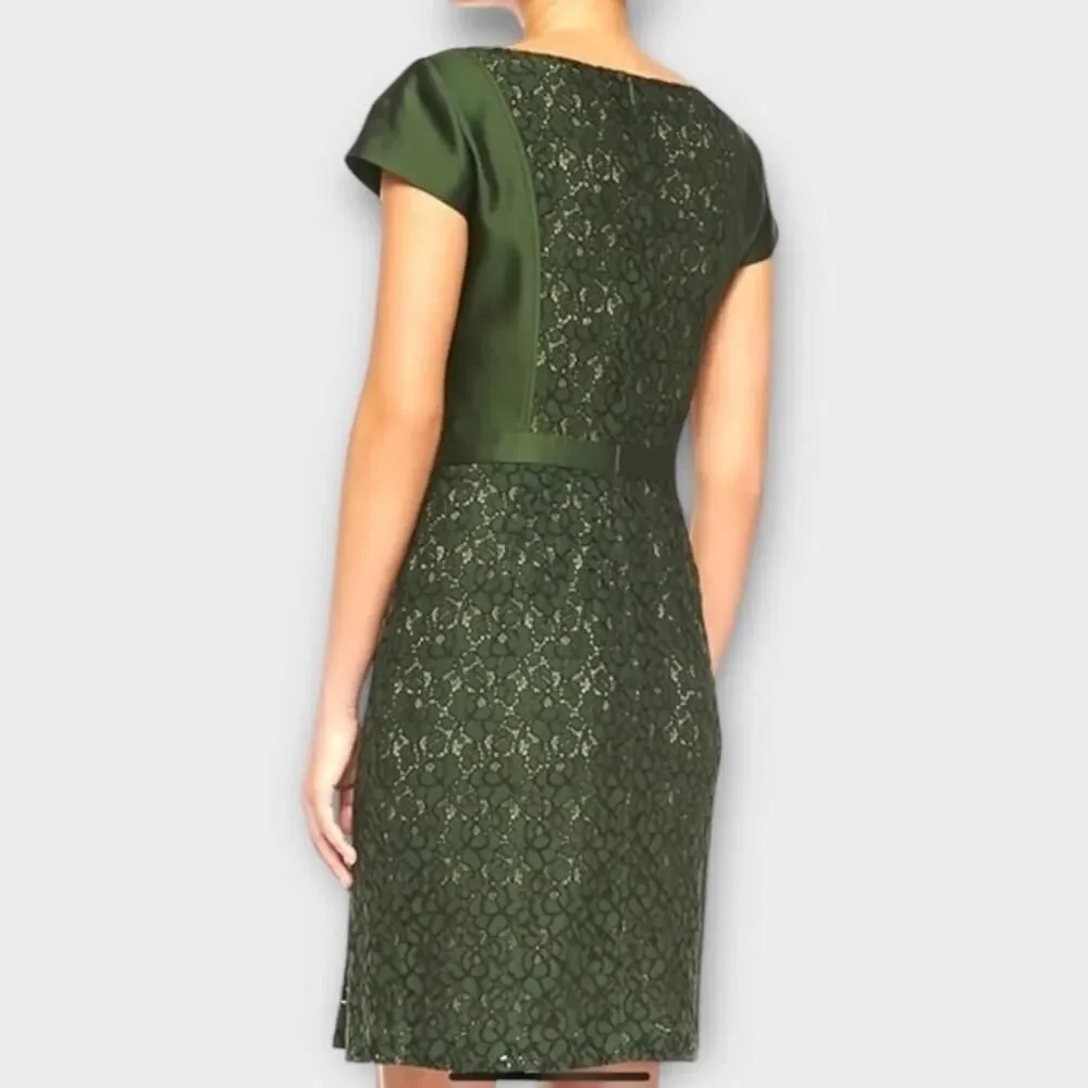 Tory Burch Mariana Sheath Dress Women's 6 Green Wool Silk Satin Lace Accent